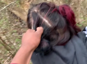 Emo slut gets fucked above tree stump in public